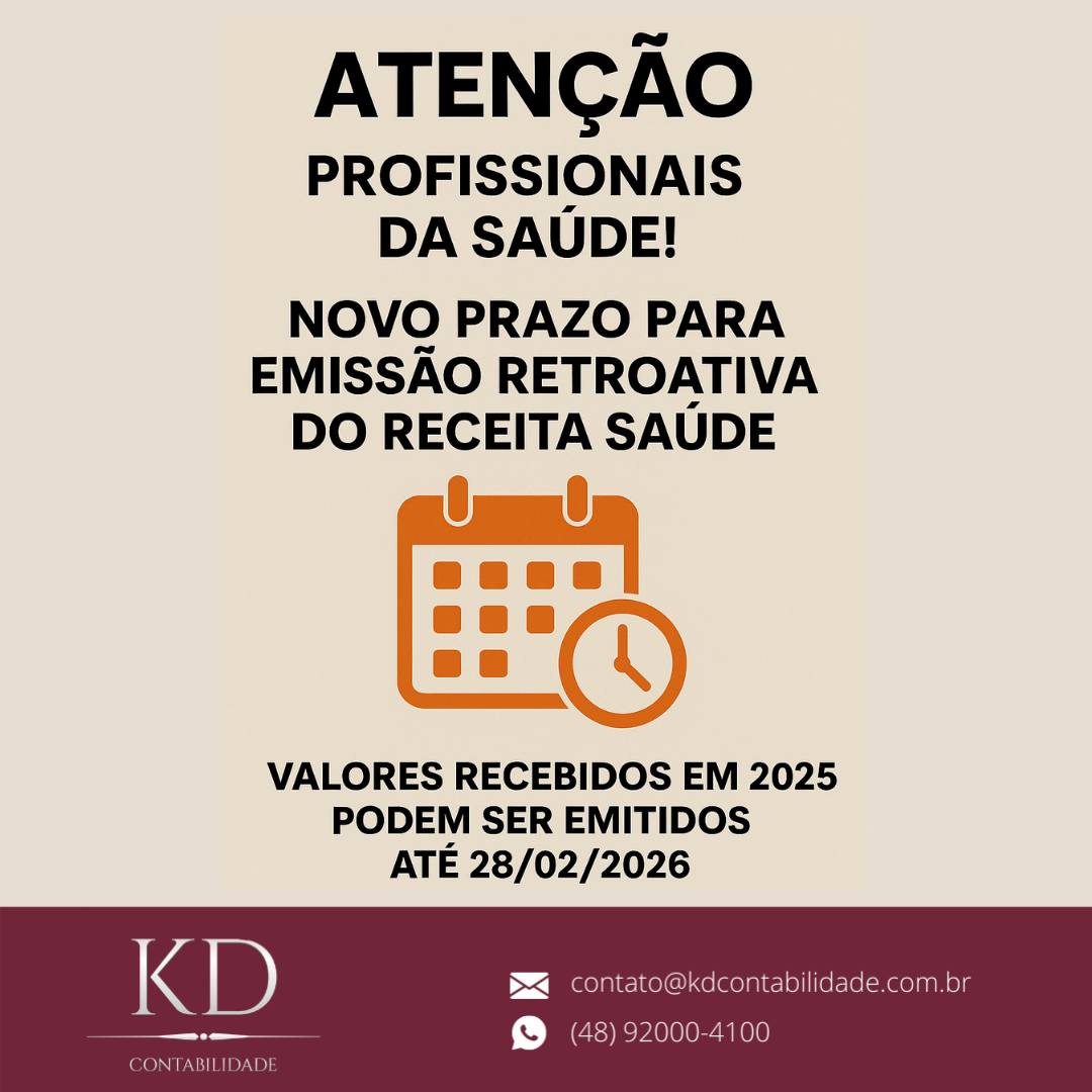 🚨 Atenção profissionais da saúde! A Receita Federal divulgou o novo prazo para emissão retroativa do Receita Saúde. 📌 Valores recebidos em 2025 podem ser emitidos até 28/02/2026. 📌 Profissionais obrigados: médicos, dentistas, psicólogos, fisioterapeutas, terapeutas ocupacionais e fonoaudiólogos autônomos. 📌 Mas atenção: nada mudou no carnê-leão! O pagamento continua sendo mensal e obrigatório, com vencimento no último dia útil do mês seguinte. ⚠️ Se você não emitir no mês correto, pode cair em multa e juros. ✅ Quer evitar dor de cabeça? Nós cuidamos da emissão do Receita Saúde, cálculo do carnê-leão e toda a sua contabilidade! 👉 Fale com a nossa equipe e mantenha sua regularidade fiscal em dia.
